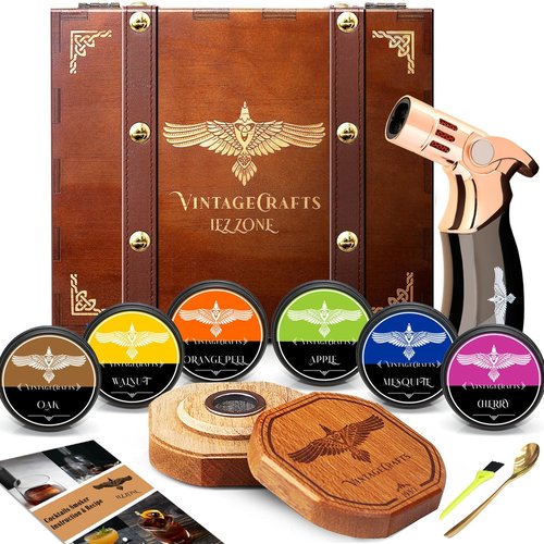 iEZZONE Whiskey Smoker Kit with Torch, Drinks| Cocktail Smoker Kit| Bourbon Smoker Kit with Torch,6 Flavor of Wood Chips,Old Fashioned Smoker Kit,Smoked Whisky Gift for Father's Day (No Butane Incl.)