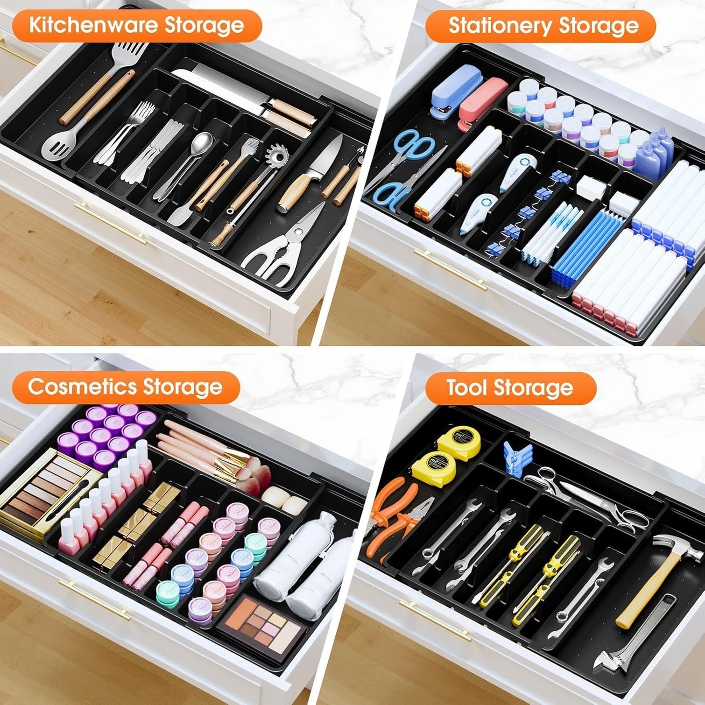 SpaceHacks Silverware Organizer - Adjustable & Expandable Utensil Drawer Holder | BPA-Free Cutlery Tray, Large Black
