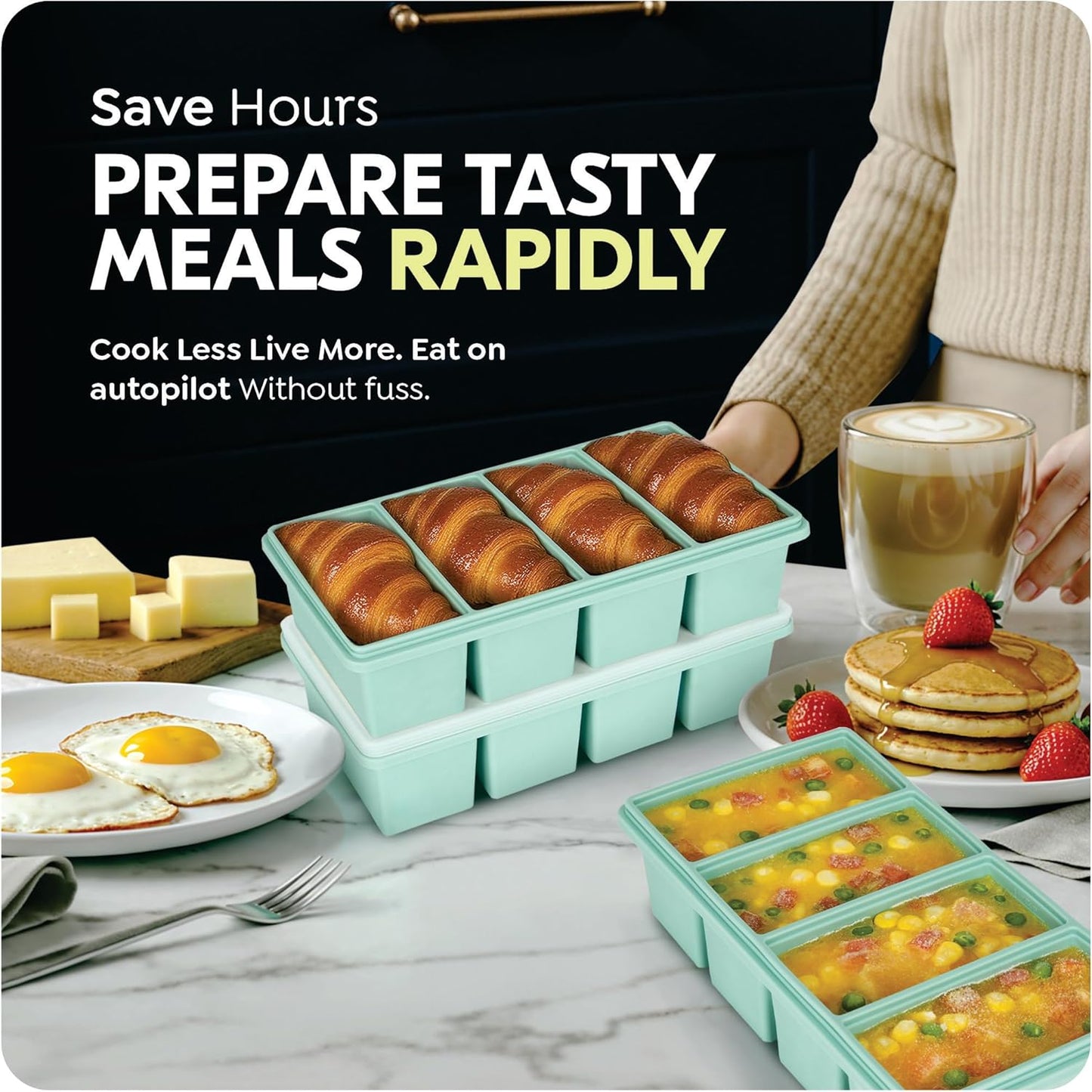 Skiennix Silicone Freezer Trays - Leakproof 1-Cup Ice Cube Containers, BPA Free, 2 Pack for Meal Prep & Leftovers