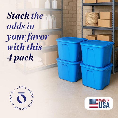 HOMZ 10 Gallon Durable Molded Bin - Stackable Plastic Storage Containers with Lids, Blue | 4-Pack for Home Organization