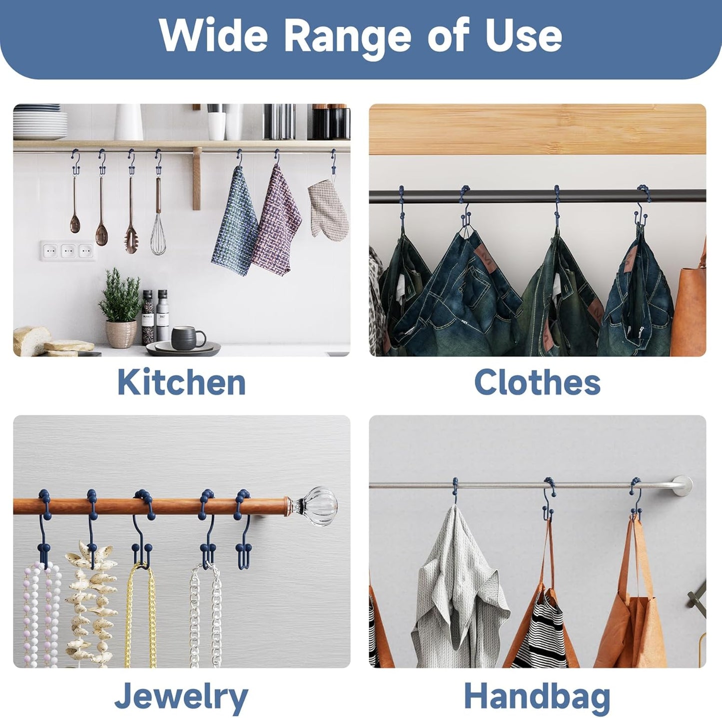 Titanker Shower Curtain Hooks - Rust-Resistant Metal Double Glide Design, Set of 12 - Navy Blue