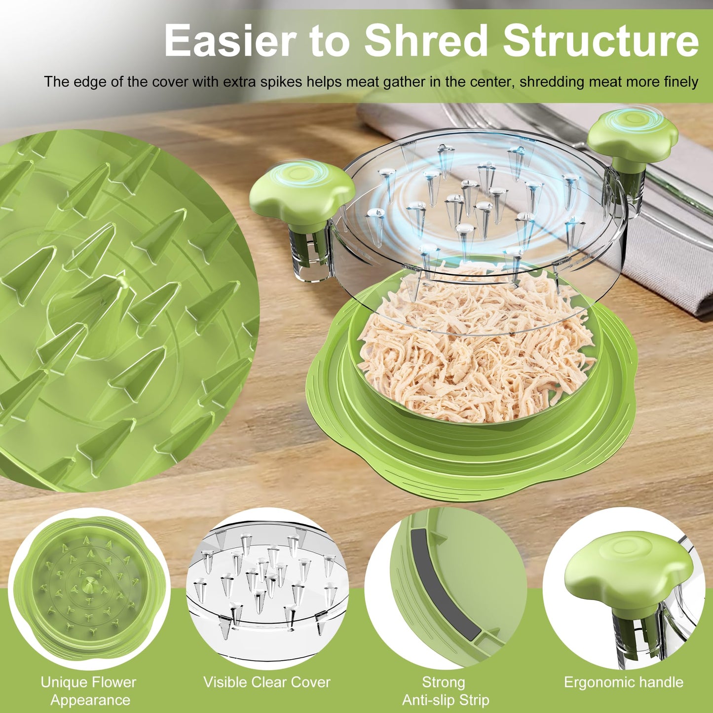 SURETIVIAN Chicken Shredder Large Chicken Breast Shredder Tool Twist with Brush&Fork, Visible Meat Shredder Machine, Anti-Slip Strip, Ergonomic Handle, BPA Free, Pork Beef Chicken(Matcha)