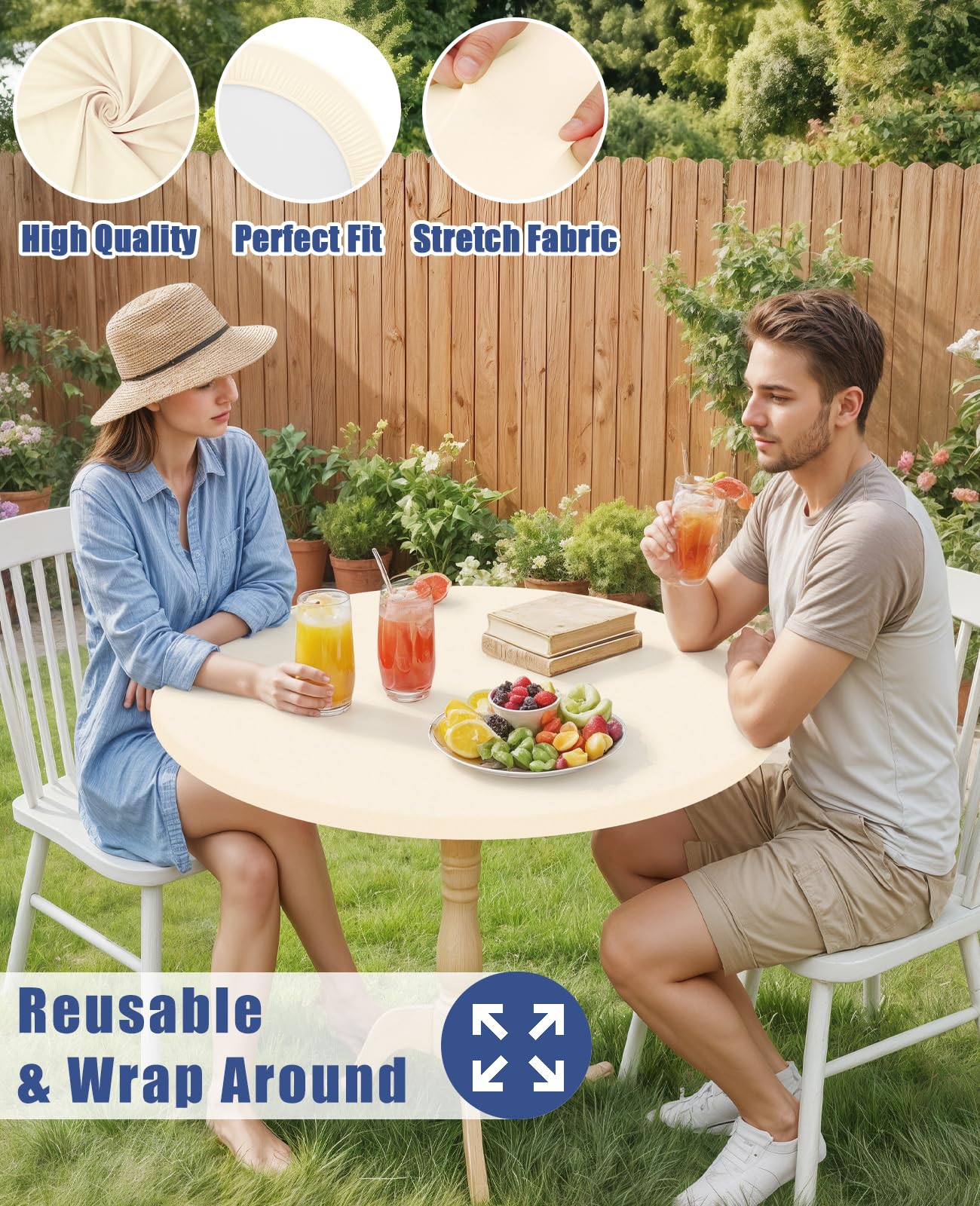 Moosfor Round Spandex Tablecloth, Elastic Fitted Waterproof Tablecloths for 31"-35" Tables, Stretch Washable Picnic Table Cover for Camping, Dining, Indoor and Outdoor, Beige