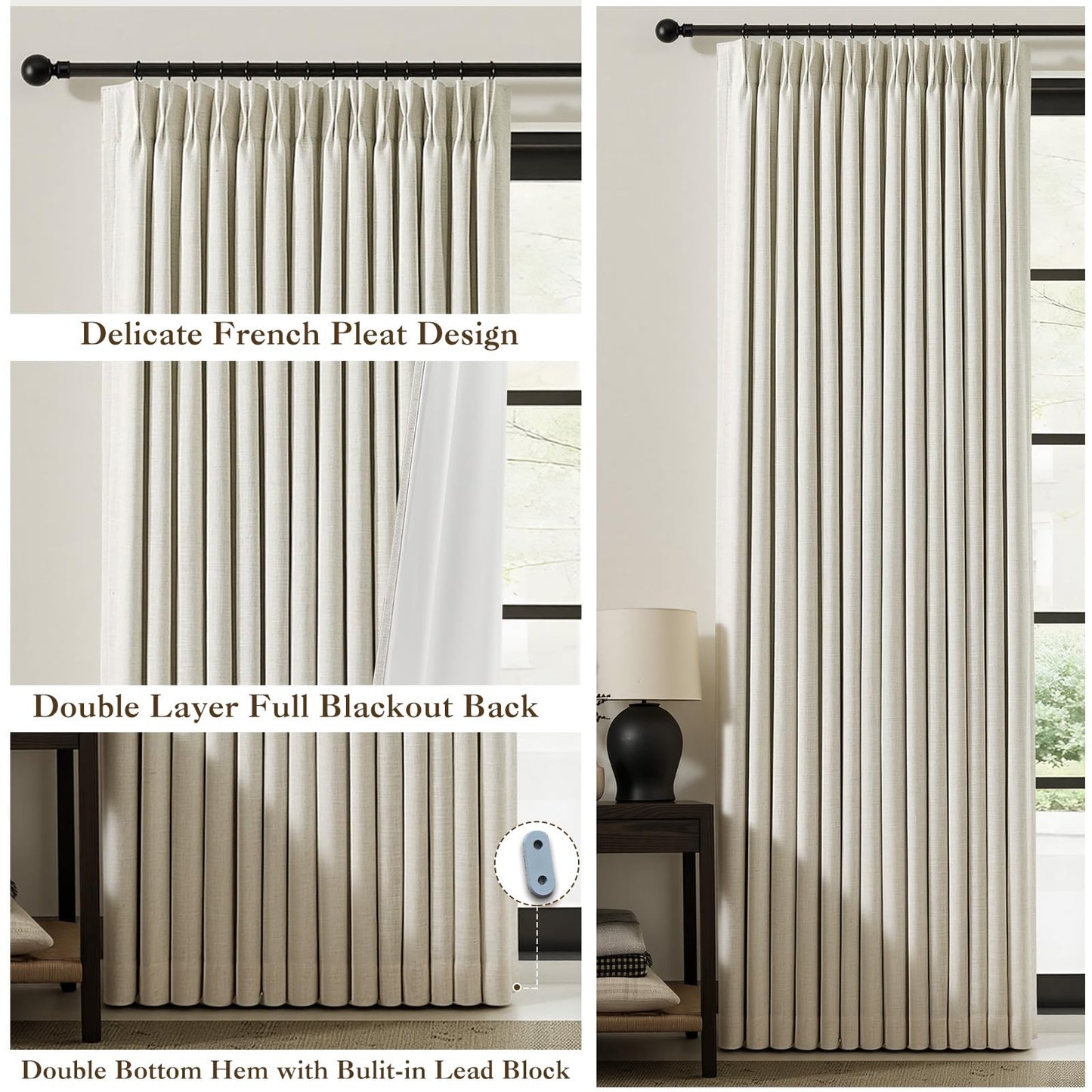 IVAPUPU Pinch Pleated Linen Blackout Curtains for Bedroom, Natural Full Black Out Curtains 84 Inches Long for Living Room Darkening Thermal Insulated Neutral Pleat Drapes with 16 Hooks, 2 Panels