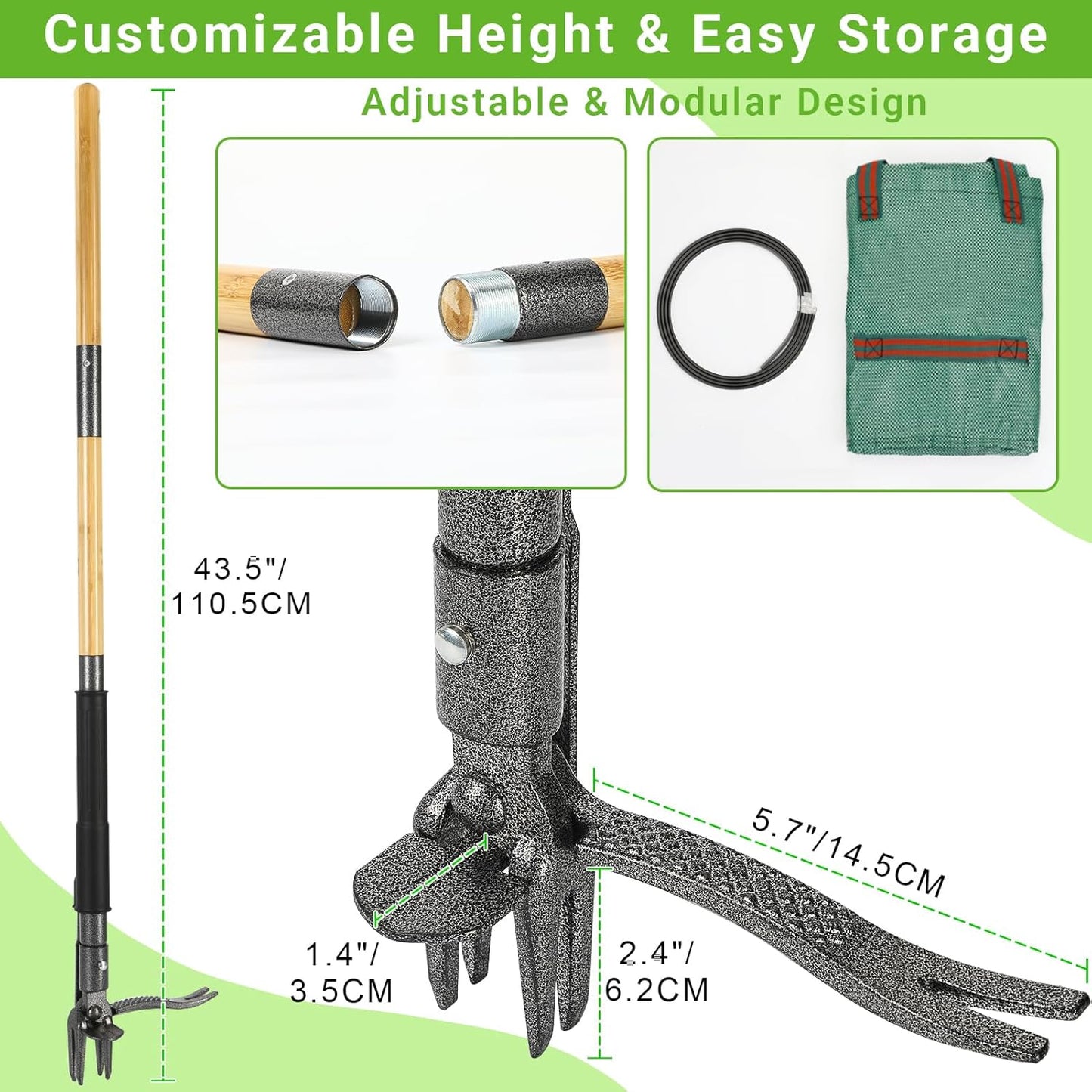 Skiennix Heavy Duty Weed Puller Tool - 4-Claw Steel Head & Dual-Eject Mechanism | 43.5" Bamboo Handle & 16 Gallon Leaf Bag