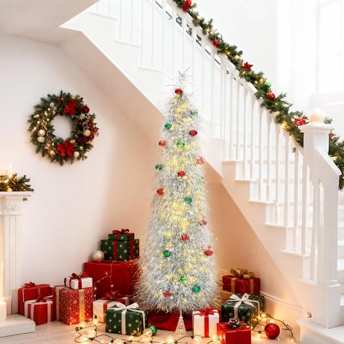 BrilliantJo 6ft Artificial Christmas Tree - Lighted & Ornamented | Collapsible Tinsel Design for Holiday Decor
