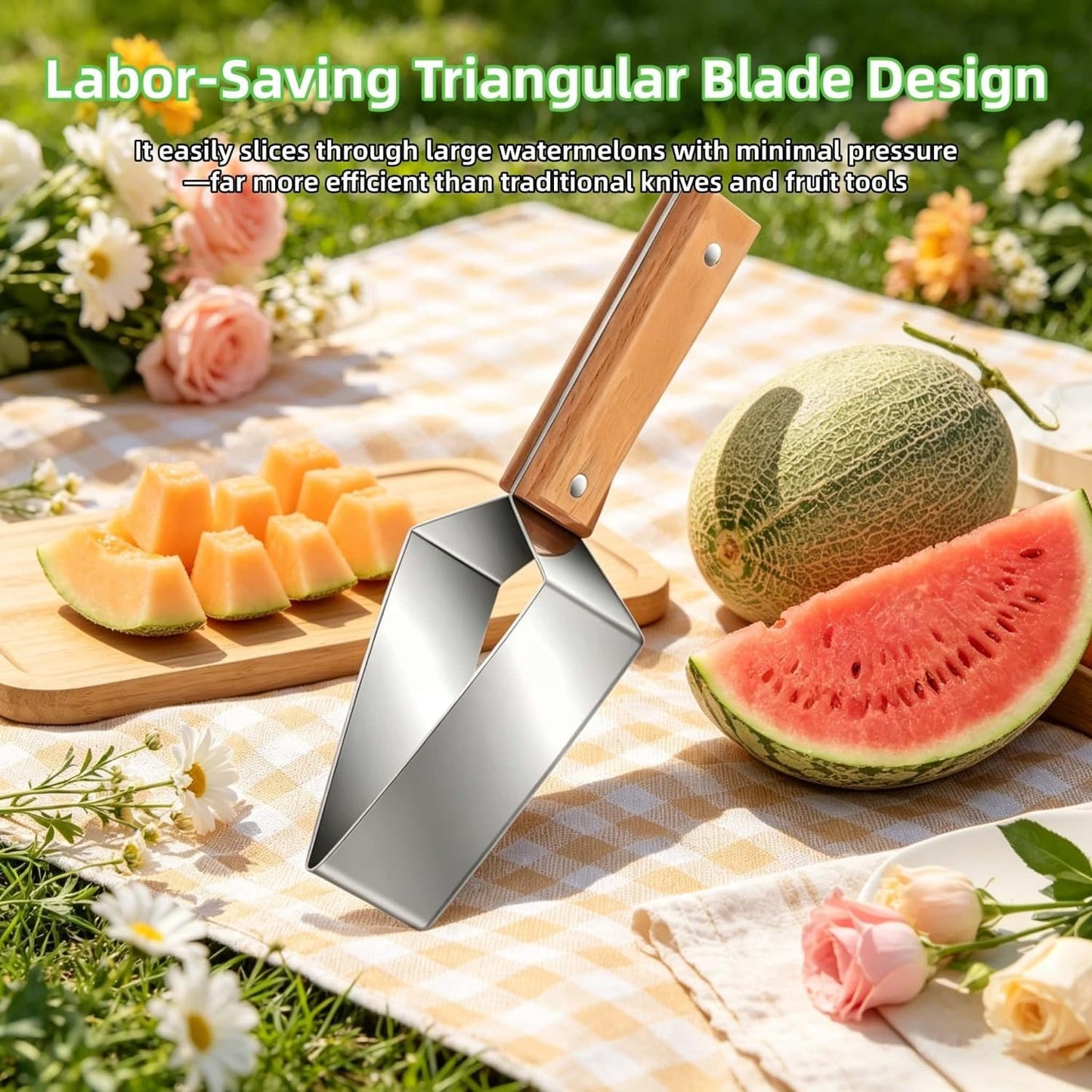 Skiennix Triangle Watermelon Cutter - Large Stainless Steel Slicer with Wooden Handle | 2-Piece Set for Home & Picnic