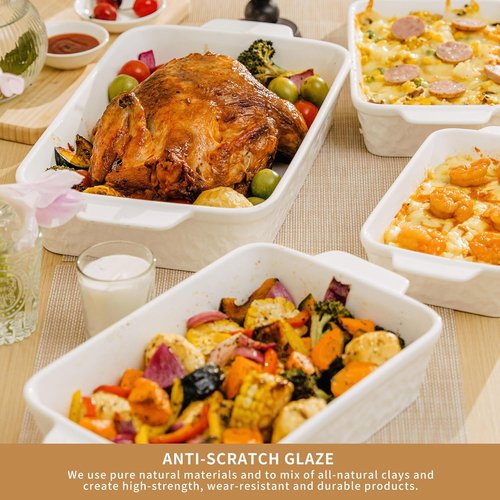 Dafuceramic Casserole Dishes - Set of 4 Rectangular Bakeware with Handles | White Ceramic Oven Dishes