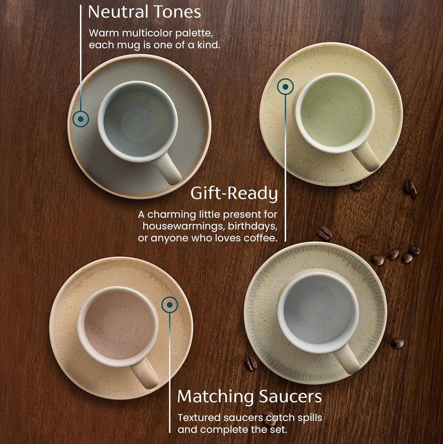 KooK Espresso Mug and Saucer Set - Rustic Ceramic Cups with Feathered Texture | Dishwasher & Microwave Safe, 2.7 oz, Set of 4