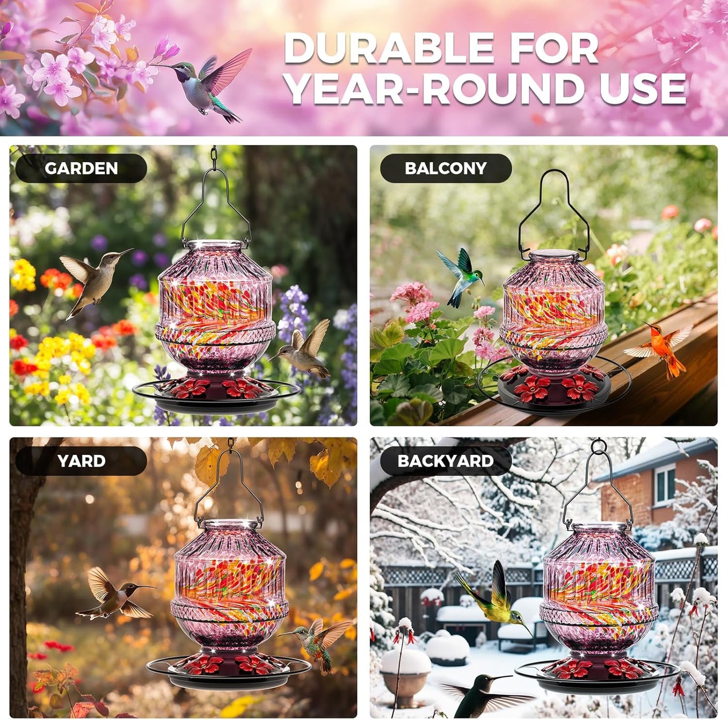 Skiennix Hand Blown Glass Hummingbird Feeder - 25 Ounce Leak-Proof Design with 5 Flower Ports | Purple Garden Decor