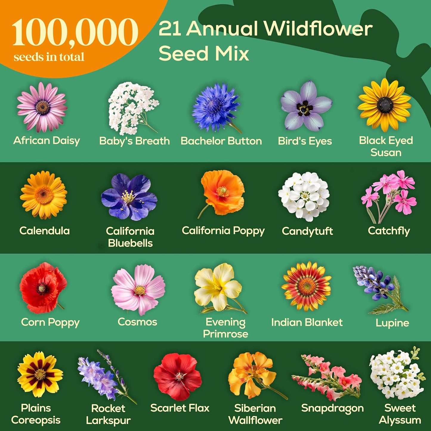 Seedphony 21 Annual Wildflower Mix - 100,000 Non-GMO Heirloom Seeds in Waterproof Packet | Attract Bees & Butterflies