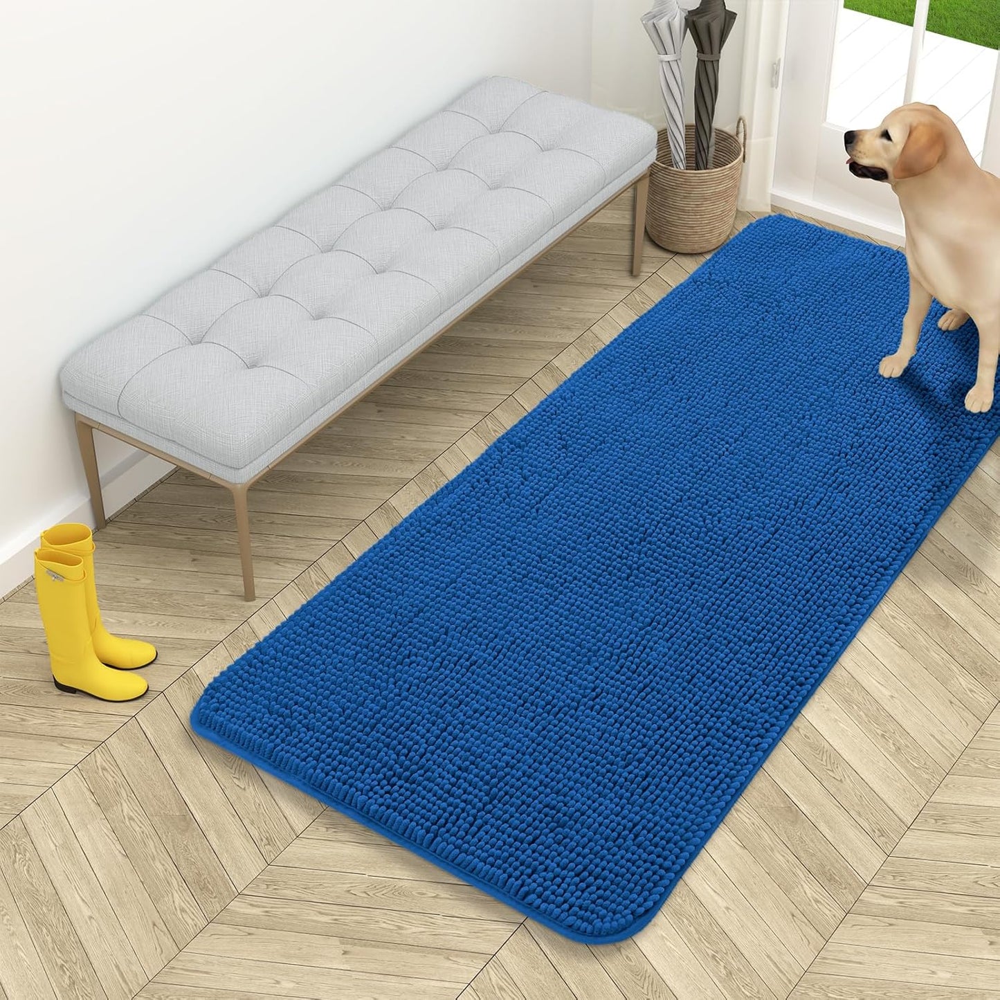 OLANLY Dog Door Mat - Absorbent Non-Slip Mud Mat for Indoor Use | Quick Dry Chenille, 54x24, Deep Navy Blue