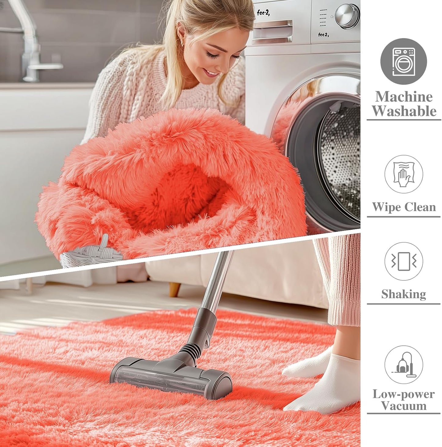 OLANLY Small Bedside Rug - Soft Fluffy Shaggy Carpet for Living Room & Bedroom | Coral Red, Machine Washable
