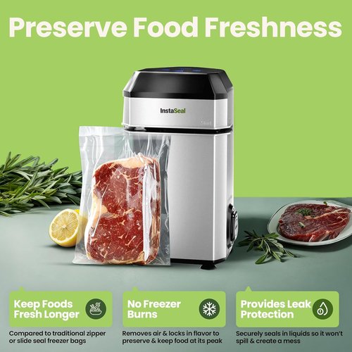 InstaSeal Vacuum Sealer - Preserves Food 5X Longer with 12 Bags | Compact Upright Design for Sous Vide Cooking