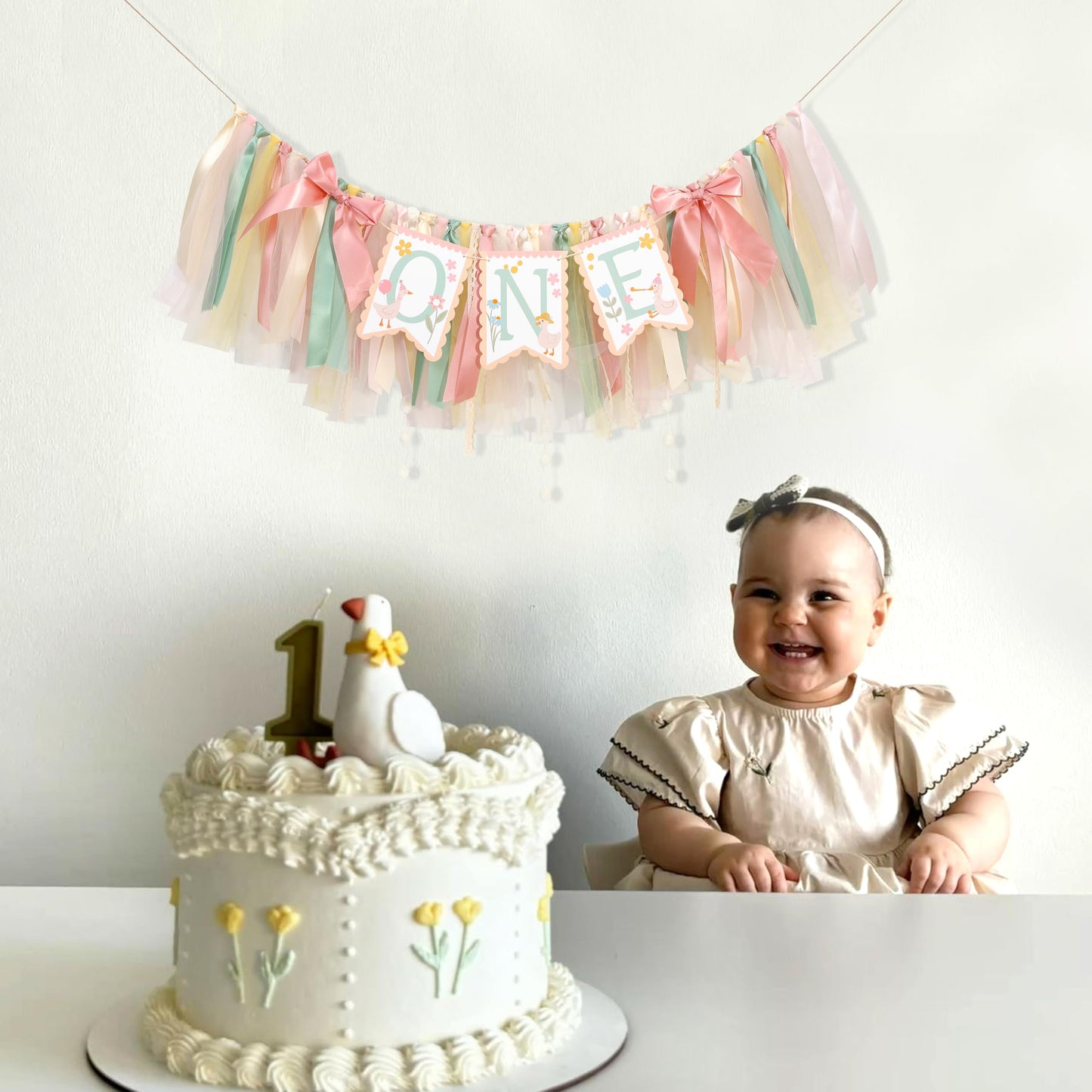 One Happy Goose High Chair Banner - Sweet 1st Birthday Party Decorations,Colorful Highchair Garland with Bow Ribbon,Little Goose First Birthday Banner Photo Props,Fun Geese Lawn Party Supplies