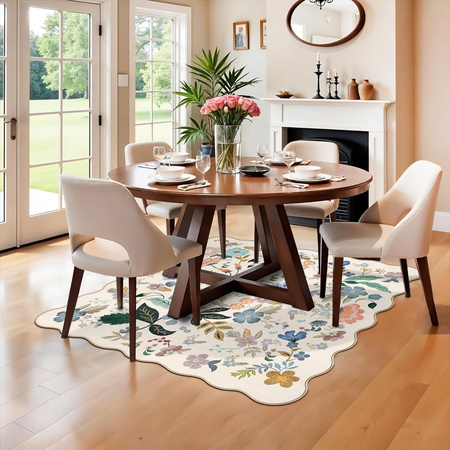 Skiennix Floral Square Area Rug - Washable 5x5 Soft Carpet with Non-Slip Backing | Cream for Living Room & Bedroom