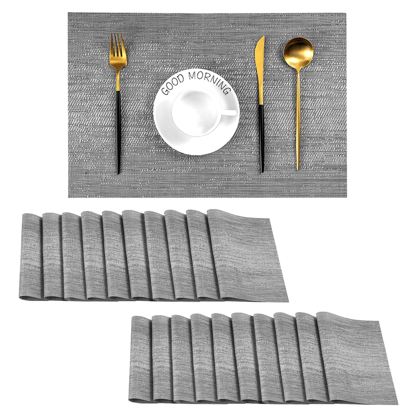 Leetaltree Grey Placemats, Heat Resistant Non-Slip Place mats for Dining Table, Washable Durable PVC Vinyl Woven Table Mats (Set of 20)