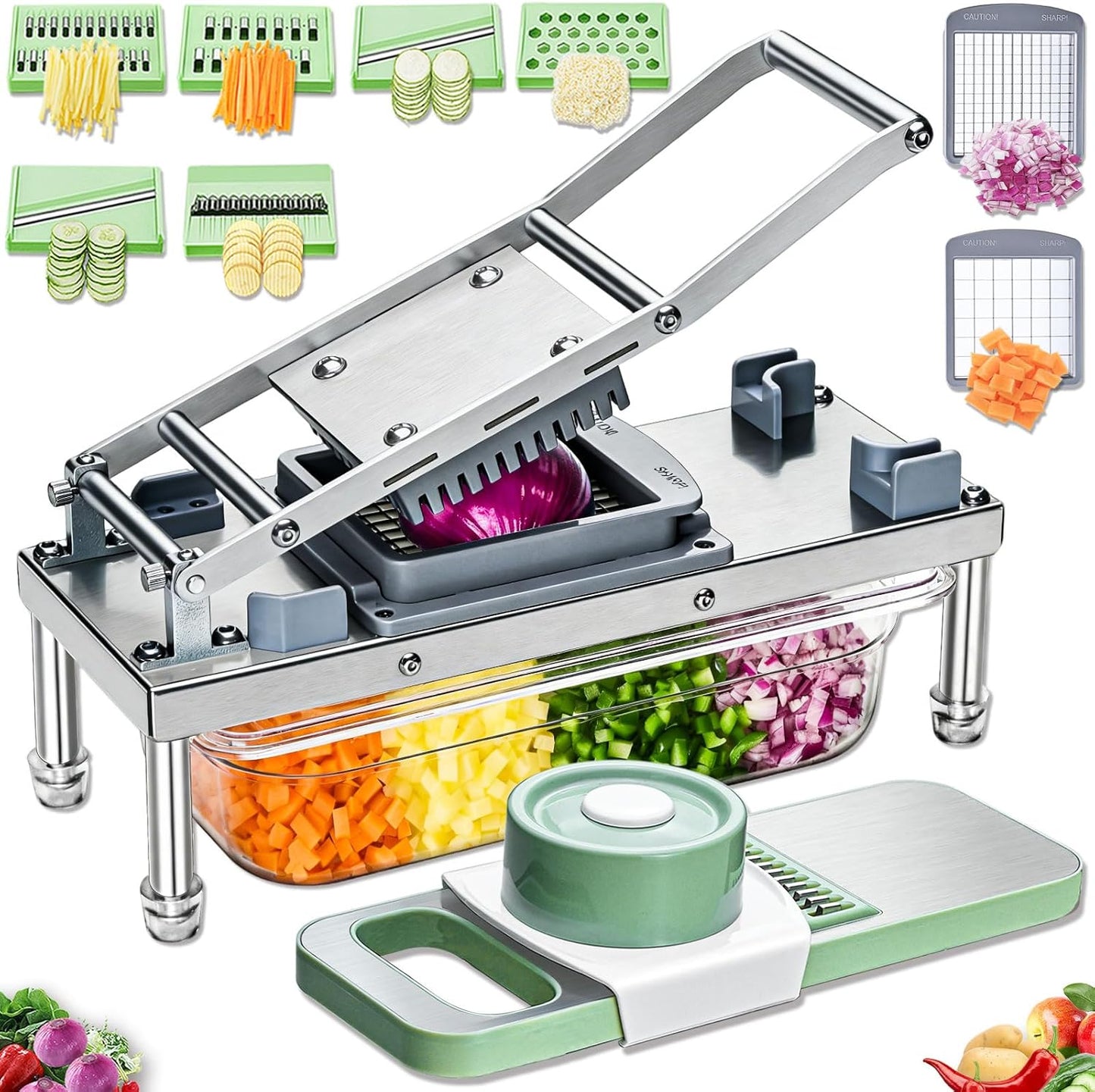 Skiennix Stainless Steel Vegetable Chopper - 8-Blade Onion Dicer with Container & Grater Mandoline Slicer