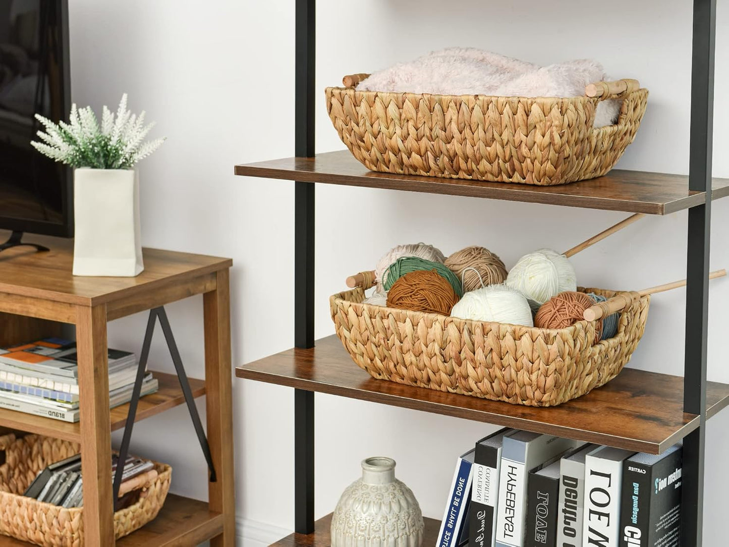 StorageWorks Hand-Woven Storage Baskets - Durable Water Hyacinth Wicker with Wooden Handles | 2 Pack