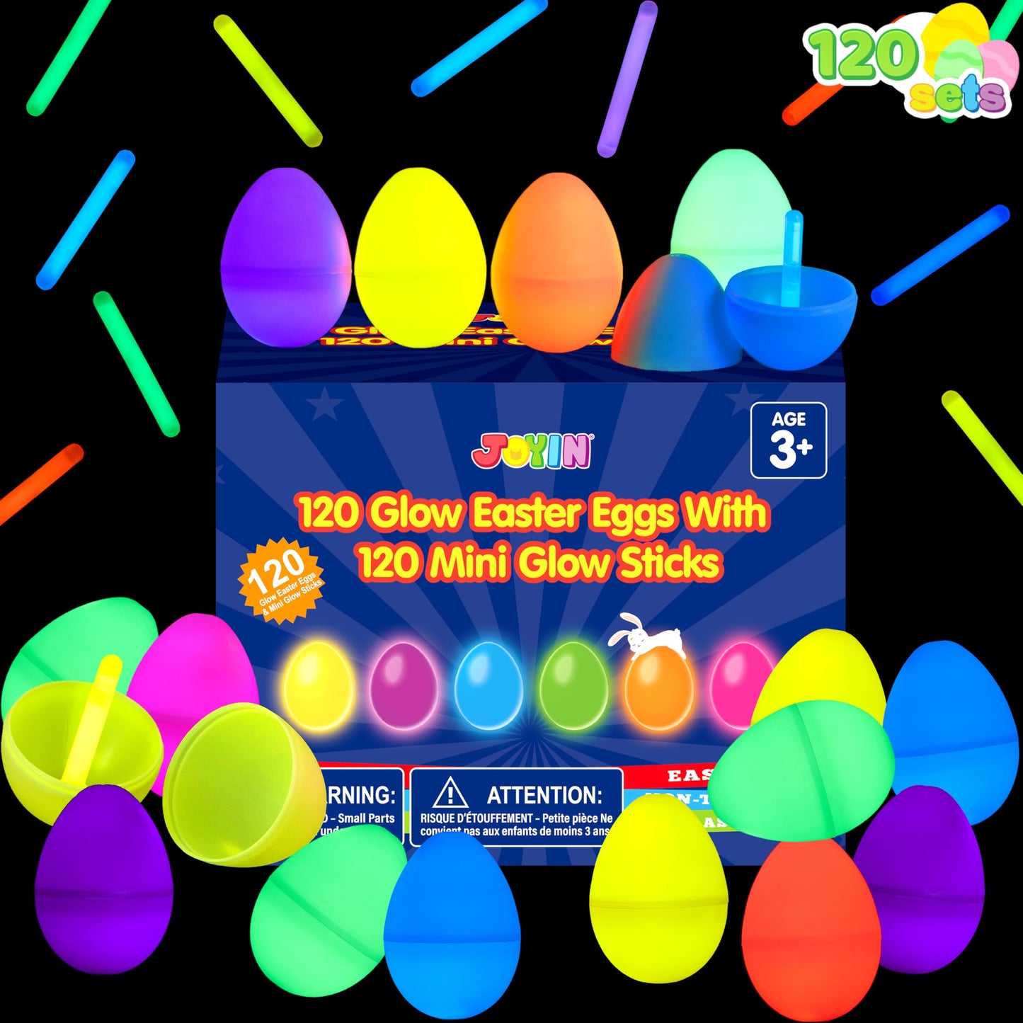 JOYIN 120 Pcs Easter Eggs with 120 Mini Glow Sticks for Kids Glow-in-The-Dark Basket Stuffers Fillers Gift, Easter Egg Hunt Game Party Favors Decorations Supplies, Classroom Prizes