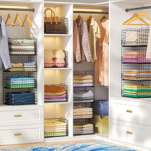 4-Tier Closet Organizers by [Brand Name] - Sturdy Metal Storage Bins for Space-Saving Wardrobe | Black