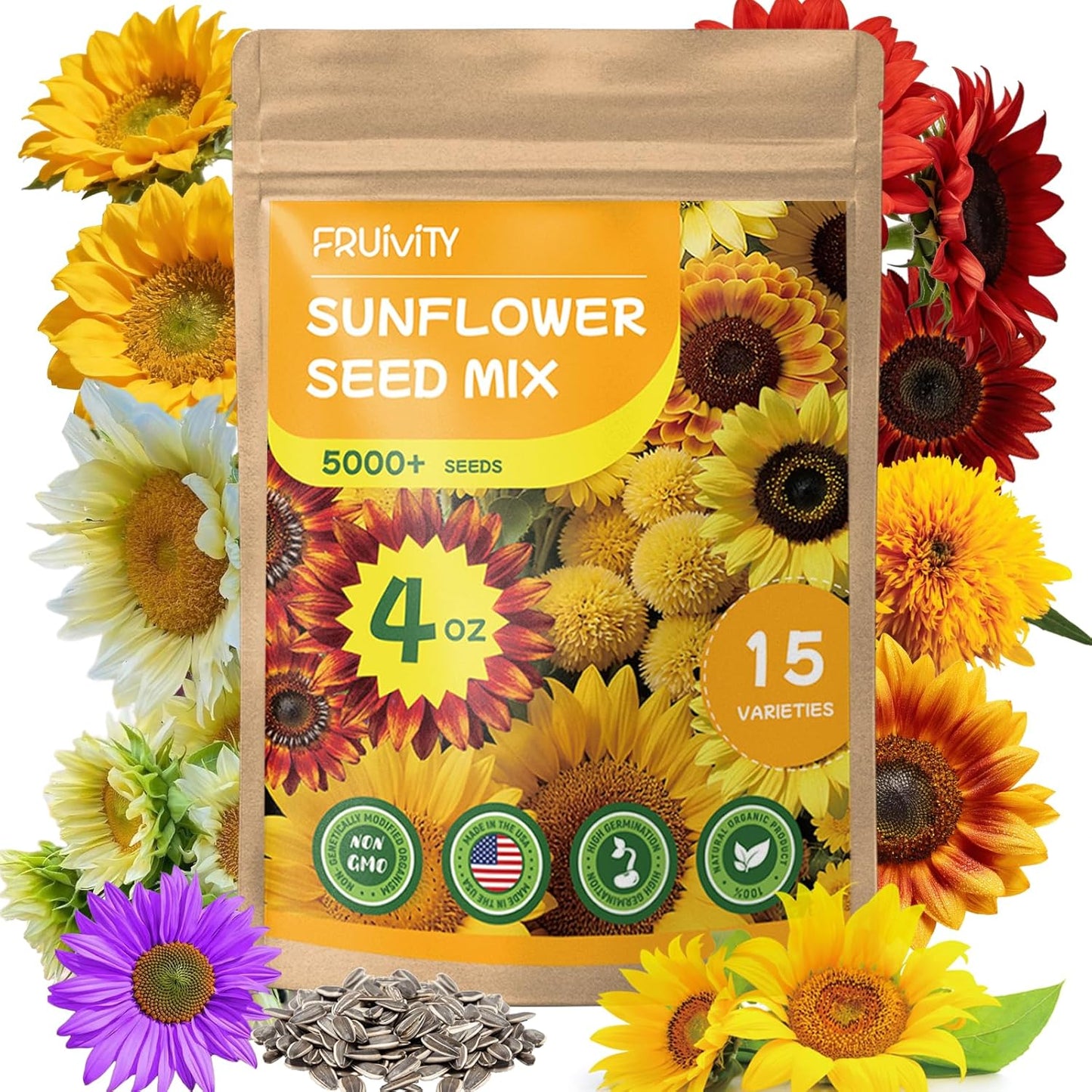 Skiennix 5000+ Sunflower Seeds - 15+ Heirloom Varieties, 4 Oz Garden Mix, High Germination, Attracts Pollinators