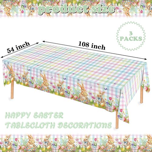 BokingOne 3 PCS Easter Tablecloth, Disposable Plastic Table Cover Rectangle 54 x 108 Inch - Bunny, Eggs, Buffalo Check Plaid Design for Spring Party Decor, Kitchen Dining Indoor Outdoor Home Decor