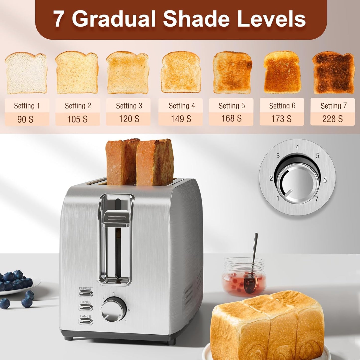 Runnatal 2-Slice Stainless Steel Toaster - Multifunctional with 7 Toast Settings & Easy Clean | Silver Metallic