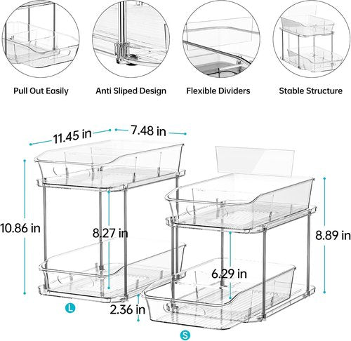 Delamu 2-Tier Under Sink Organizer - Multi-Purpose Stackable Bathroom & Kitchen Storage | 2 Pack, Clear