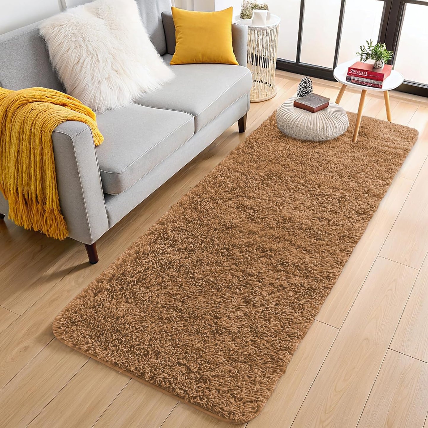 OLANLY 2x5 Machine Washable Runner Rug - Soft Fluffy Shaggy Design for Bedroom & Hallway | Khaki Color