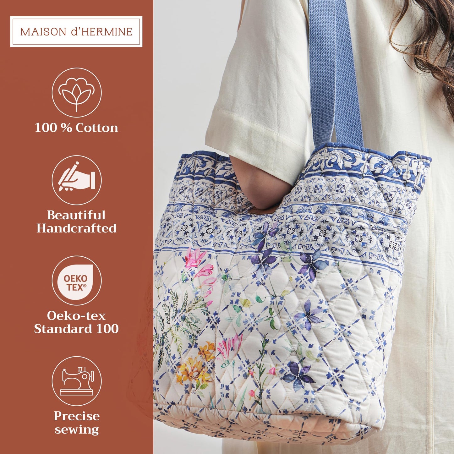 Maison d' Hermine Shopping Bags Cotton Quilted Tote Bag with Zipper Pockets & Small Pouch Reusable Shoulder Grocery Bag for Gifts Beach Travel Perfect for Mothers Day Gifts Men Women (Faience)