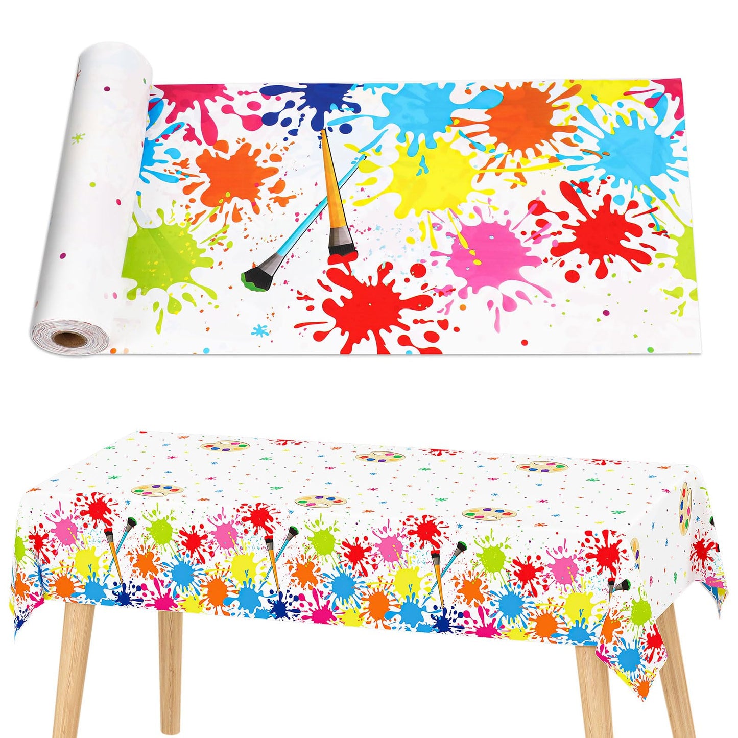 Summer Paint Splatter Tablecloth Decoration 52 in x 100 Ft Art Paint Birthday Party Tablecloth Roll Art Party Summer Plastic Table Cover for Indoor Outdoor Events Family Parties and Celebrations