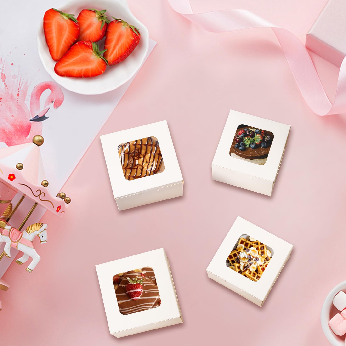 KGVZPT 50pcs White Cake Boxes with Window,5x5x2.5 Inches Small Bakery,Treat,Pastry,Cookie,Dessert Boxes,Macaroon,Donut,Candy,Christmas Gift Giving