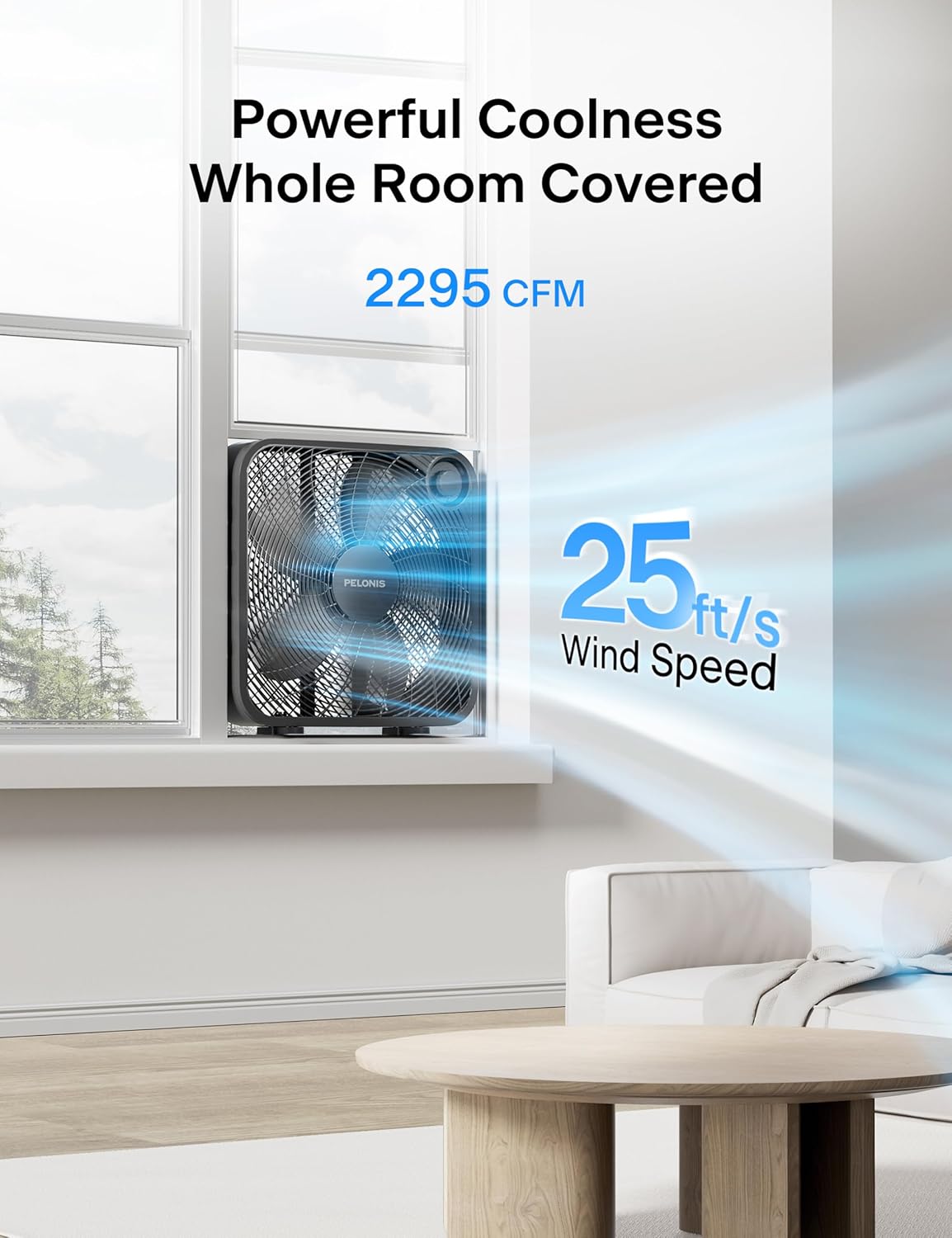 Pelonis 20-Inch Box Fan - 3 Speed Floor & Window Fan with Superior Air Throw (2295 CFM) - Lightweight & Versatile for Home or Office