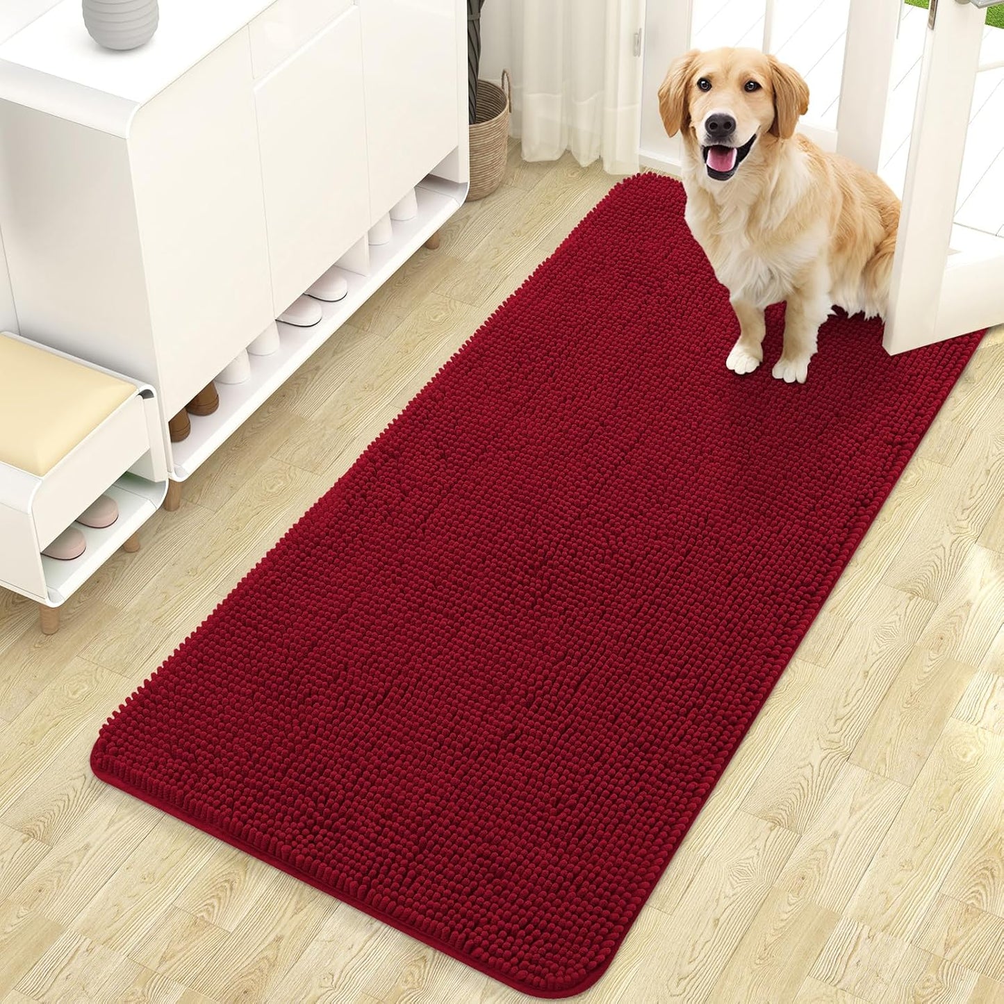OLANLY Dog Door Mat - Absorbent Non-Slip Chenille Mat for Muddy Paws | 47x24 Red Indoor Entryway Carpet