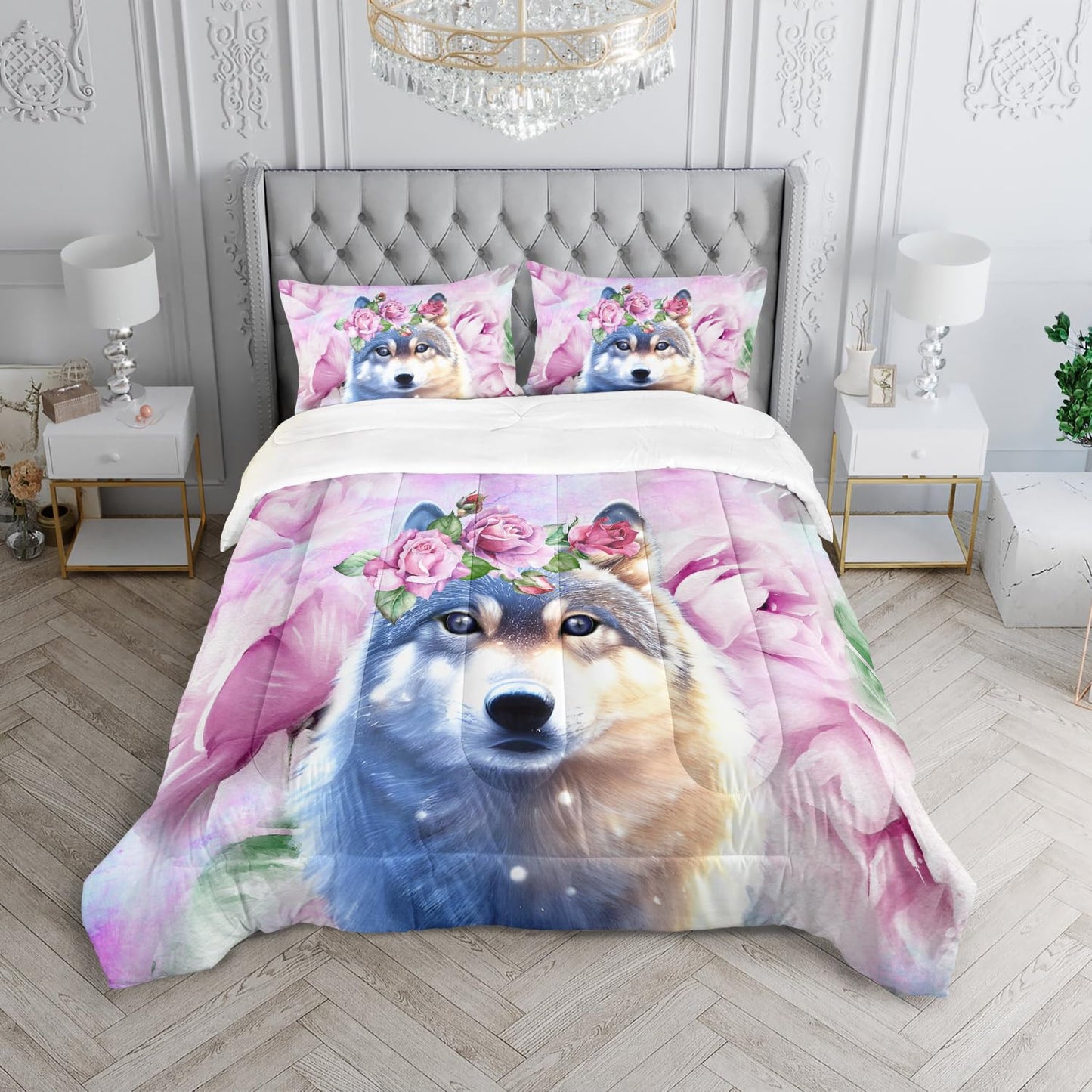 XYNHML Wolf Comforter Set Tie Dye Wolf Bedding Set for Kids Teens Room Decor Romantic Pink Rose Wild Animals Comforter with 2 Pillowcases