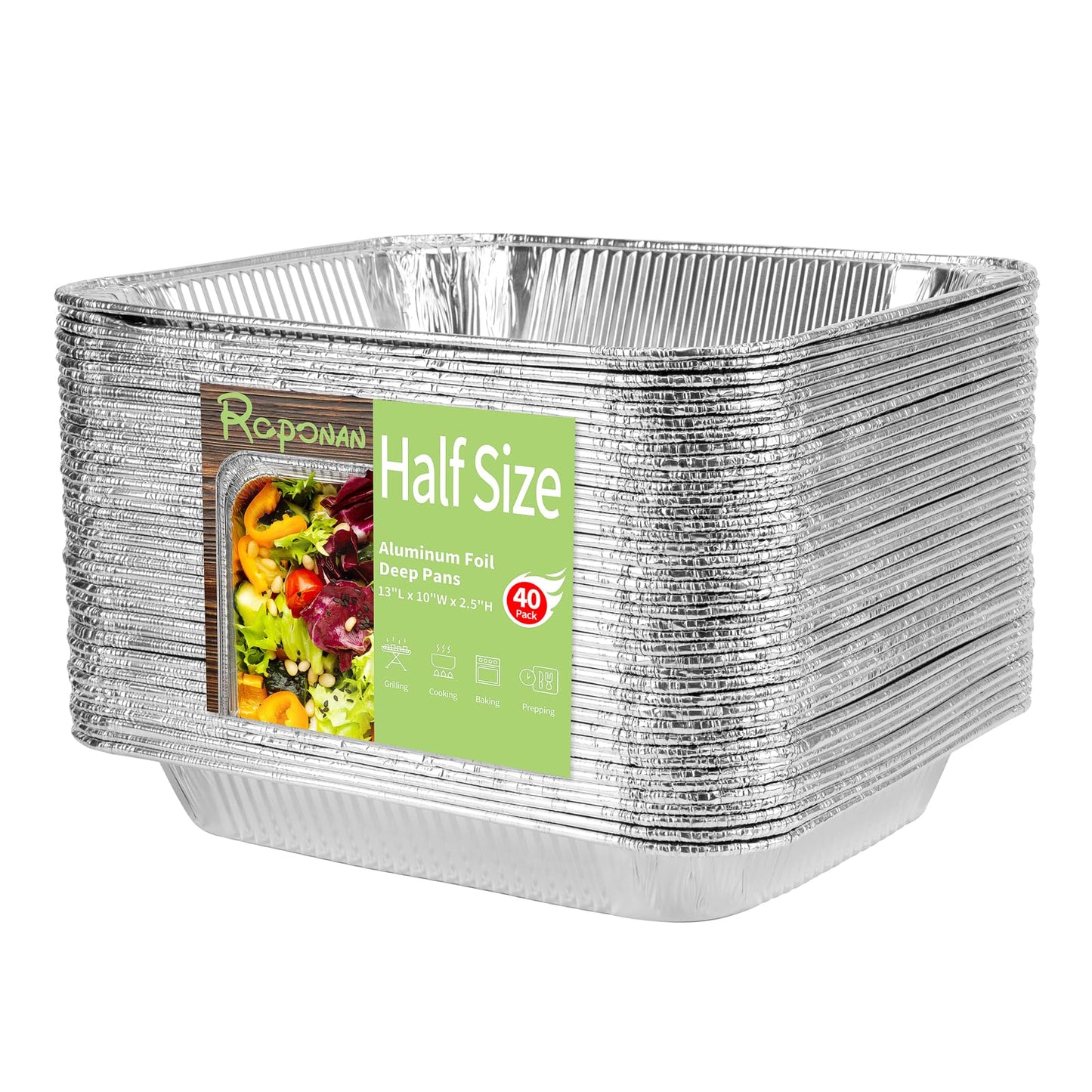 Roponan 9x13 Aluminum Foil Pans, 40-Pack Half Size Disposable Aluminum Foil Trays, Deep Steam Table Pans for Cooking, Baking, Grilling, Roasting, Heating & Serving Food