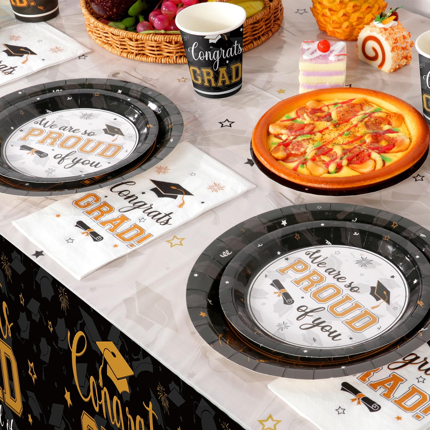 Graduation Party Supplies Congrats Grad Plates and Napkins Set Disposable Tableware Paper Plates Napkins Cup Knive Spoon Fork Straw for Class of 2026 Graduation Party Decorations Serve 100(Black Gold)