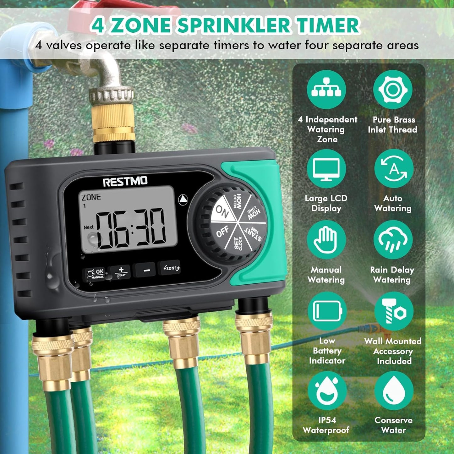 RESTMO 4-Outlet Sprinkler Timer - Programmable Digital Water Timer for Garden Hose | Brass Inlet, Rain Delay