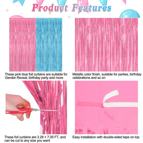 2 Pack Gender Reveal Decorations, 3.28 FT x 7.05 FT Pink and Blue Fringe Backdrop, Metallic Boy or Girl Foil Fringe Curtains Tinsel Backdrop Party Streamers, Birthday Party Decor Photo Booth Props