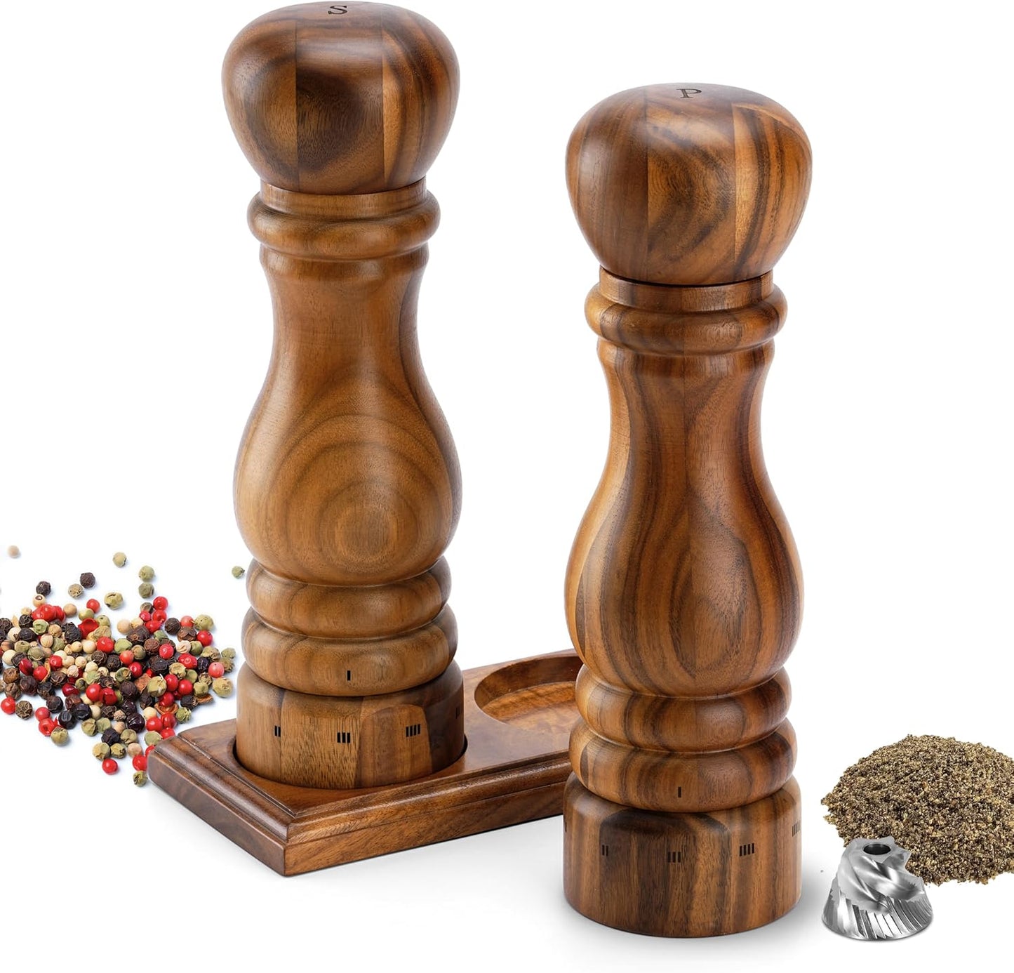 Skiennix Wooden Salt and Pepper Grinder Set - Manual Mill with Adjustable Coarseness, 9” Tall (Acacia)