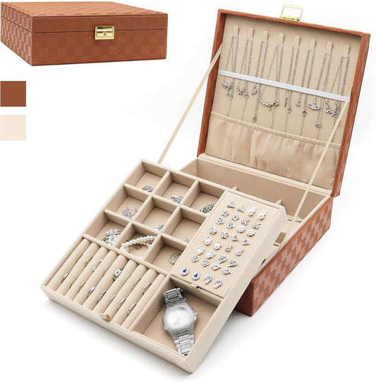 Jewelry Organizer Box, Jewelry Box Organizers for Women Girls, 2 Layers Large Leather Jewels Storage Case for Earring, Rings, Necklaces, Bracelets, Big and Small Jewellery, Watch, Ideal Gift (Brwon)
