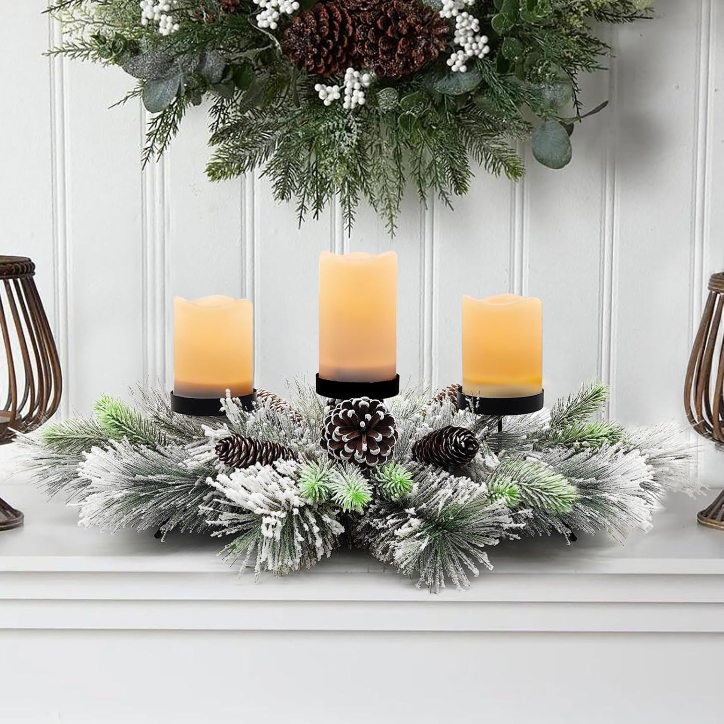Skiennix Christmas Table Centerpiece - 27.5 Inch Flocked Pine Needles & Frosted Pine Cones | Snowy Decor