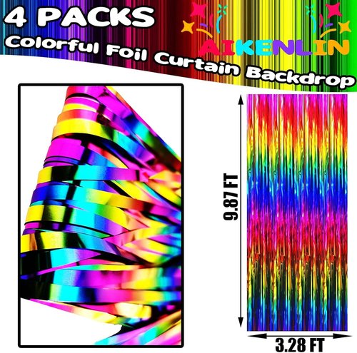 Colorful Foil Fringe Curtain Backdrop by [Brand Name] - 4 Pack Metallic Tinsel Streamers | 3.2Ft x 9.8Ft for Parties, Weddings & Events
