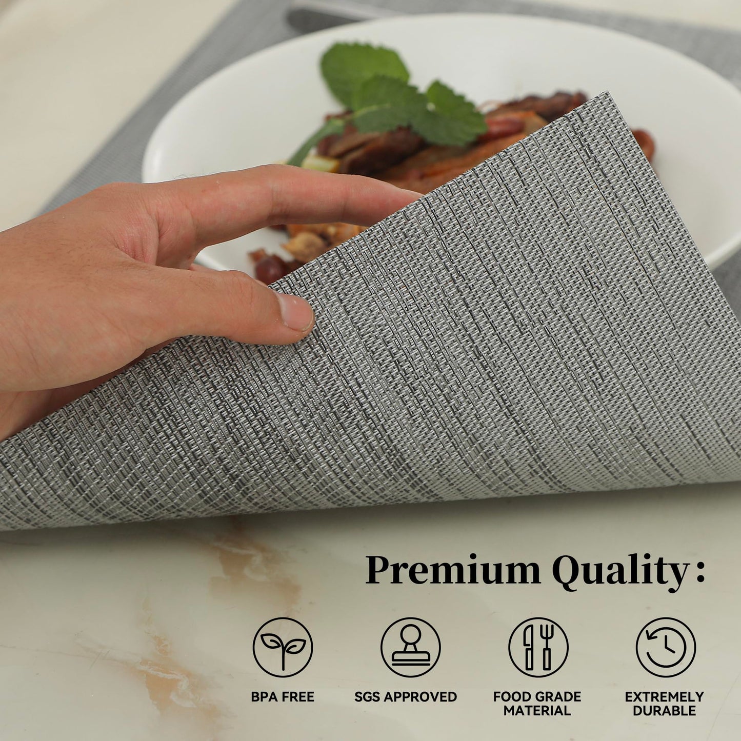 Leetaltree Grey Placemats, Heat Resistant Non-Slip Place mats for Dining Table, Washable Durable PVC Vinyl Woven Table Mats (Set of 16)