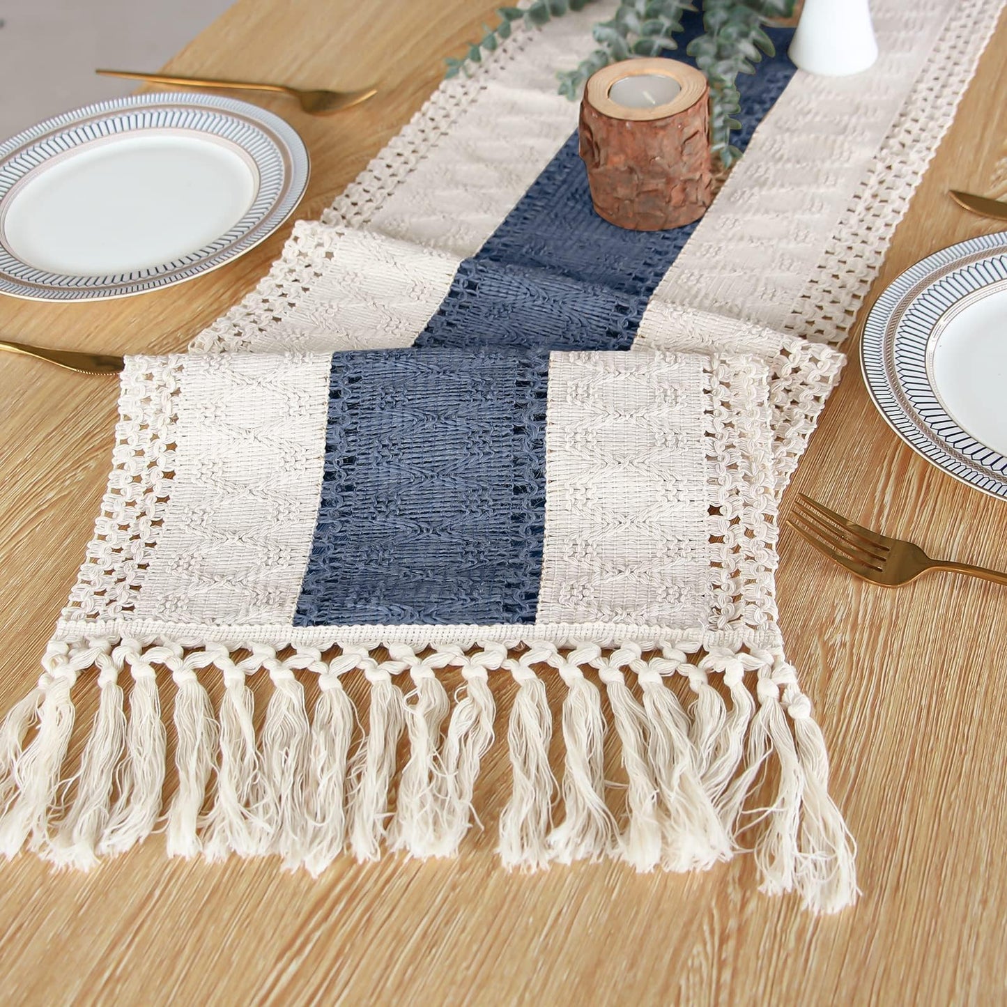 FEXIA Boho Blue Table Runner 72 Inches Long with Tassels Macrame Farmhouse Style Party Rustic Wedding Baby Bridal Shower Dining Decor (12x72 Inches)