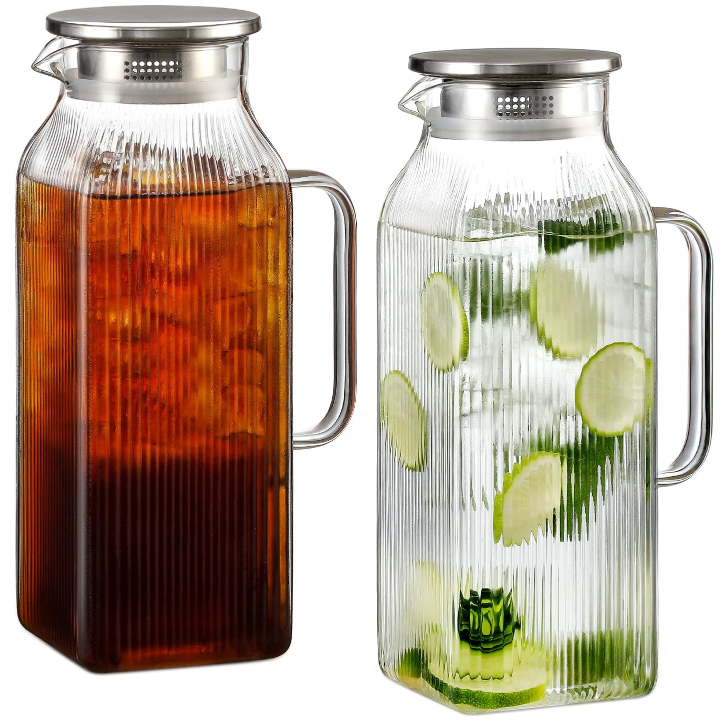 Snuvid 2 Pack 2 Liter/68 oz Square Glass Pitcher with Lid, Classic Stripes Water Pitchers with Handle for Fridge, Large Jug for Iced Tea, Borosilicate Glass Carafe for Hot/Cold Brew Drink, Silver