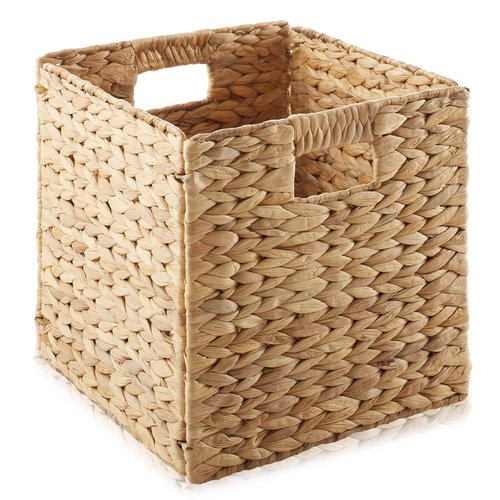 Casafield 10.5" x 10.5" Water Hyacinth Storage Baskets, Natural - Set of 4 Collapsible Cube Organizers, Woven Bins for Bathroom, Bedroom, Laundry, Pantry, Shelves