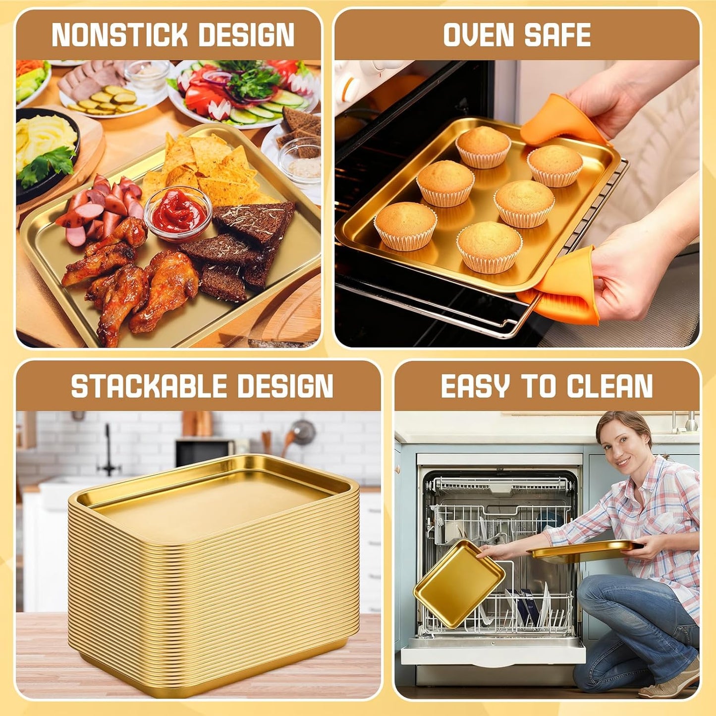 Skiennix Gold Baking Sheets - 6 Pcs Stainless Steel Cookie Tray | Rust-Free, Easy Clean, Dishwasher Safe