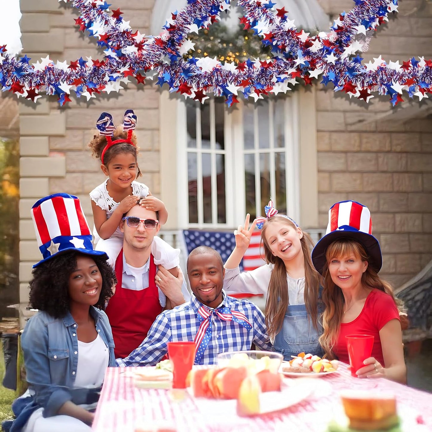 Skiennix 50Ft 4th of July Garland - Glitter Tinsel Patriotic Decor for Indoor/Outdoor Celebrations